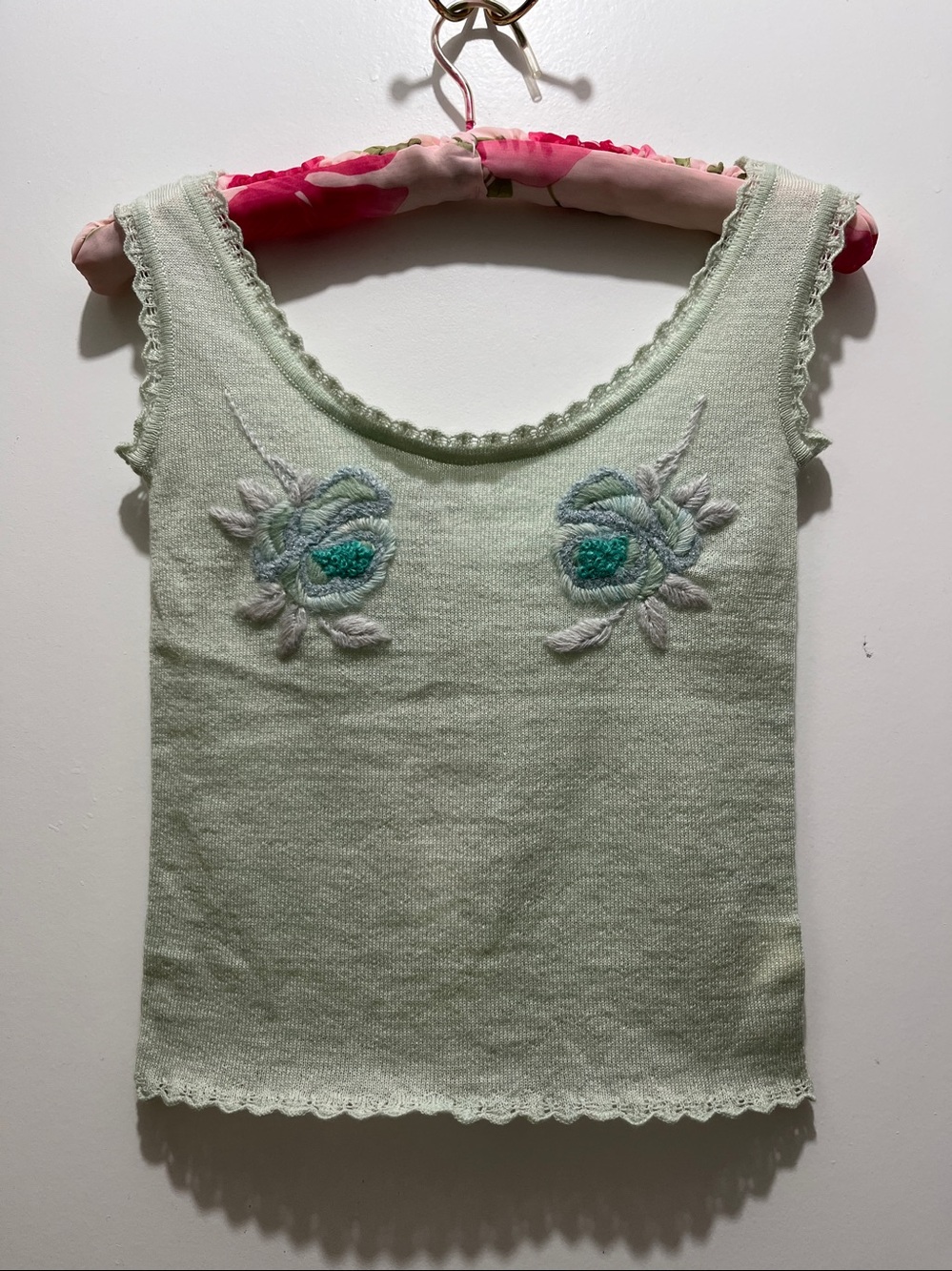Blumarine wool Mint Floral Embroidered Tank Top XS